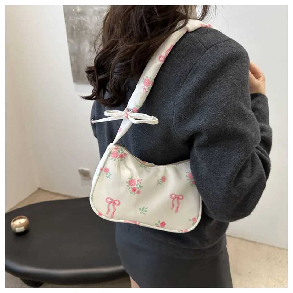 2025 Summer Womens Bag Canvas Pleated Handlebags Armpit Bag Korean Floral Bow Printed Zipper Tote Bag Small Female Shoulder Bag XJ250704