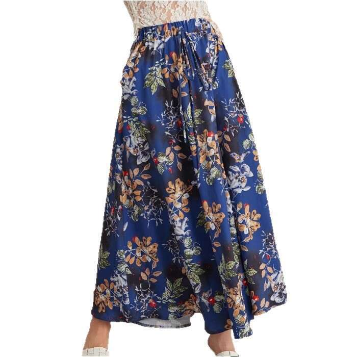 New Style Swing Elastic Waist Tie Print Double Pocket Midi Skirt For Women B5