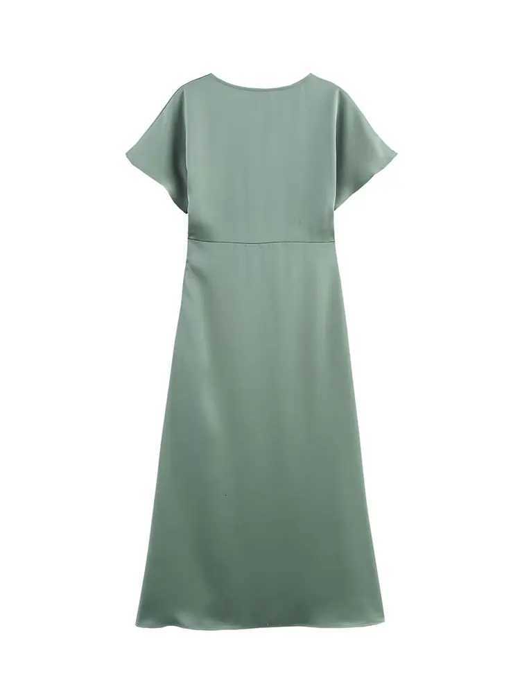 TRZA Women Ele Solid Satin Dress Sexy V Neck Short Sleeve Midi Dress 2025 New Fashion Summer Lady Holidays Party Dress XJ250722