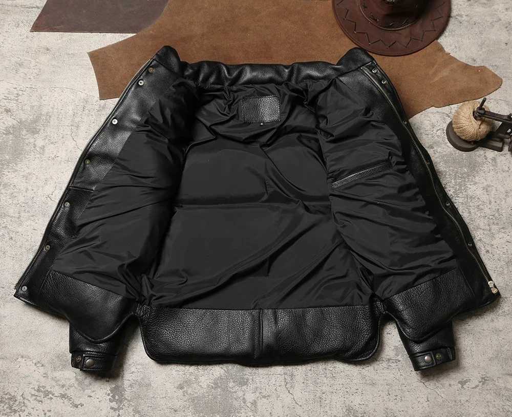 Winter Extra Thick Leather Down Bread Jacket Mens Vintage Leather Jacket Warm Jacket with Cowhide and Duck Down W250722