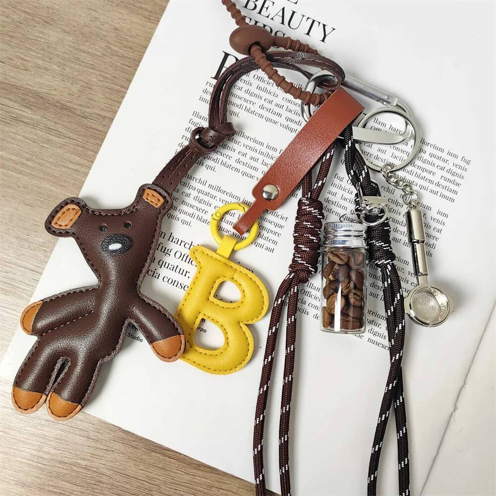 Cute Teddy Bear Leather Keychain with Coffee Bean Glass Bottle Handle Miu Style Unisex Bag Charm Accessory ddmymarket