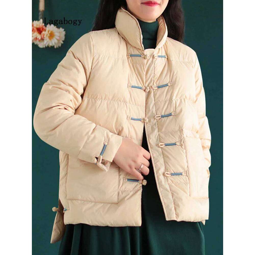 Lagabogy New Winter Warm White Duck Down Coat Women Vintage Slim Short Jacket Autumn Female Embroidery Casual Basic Parkas