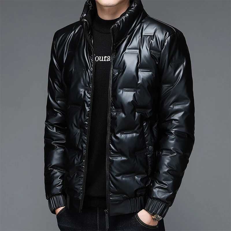 Winter New Style Mens Bright Leather Fashionable Down Jacket Casual Stand Collar Short Mens White Duck Down Feather W250722