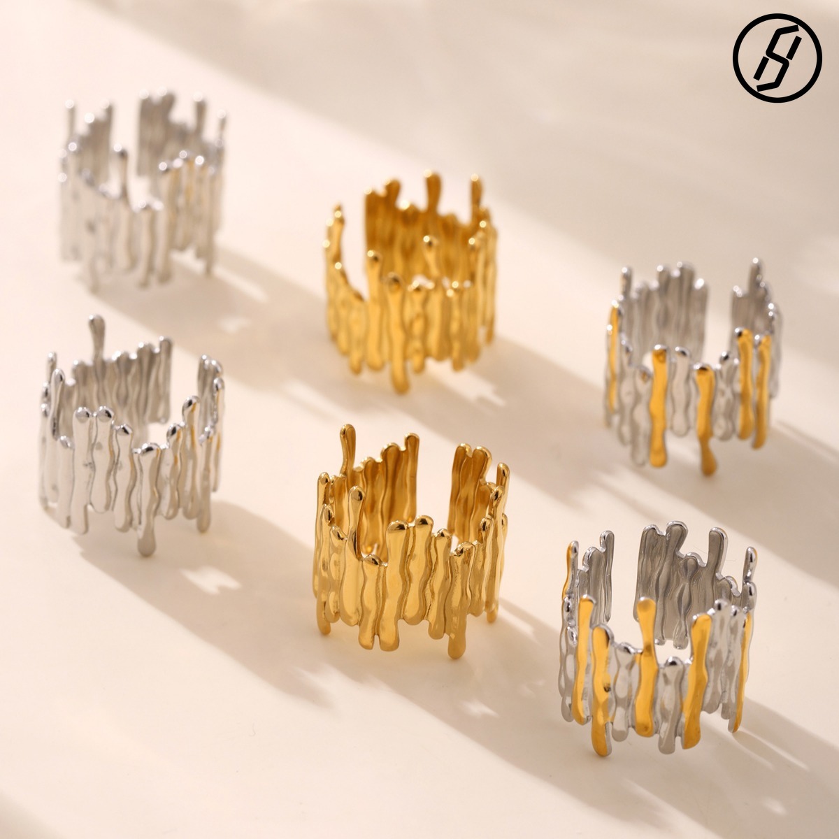 European and American Cold Style Color Matching Open Ring Geometric Stainless Steel Irregular Ring Lava Shape Open Ring Women's Ring