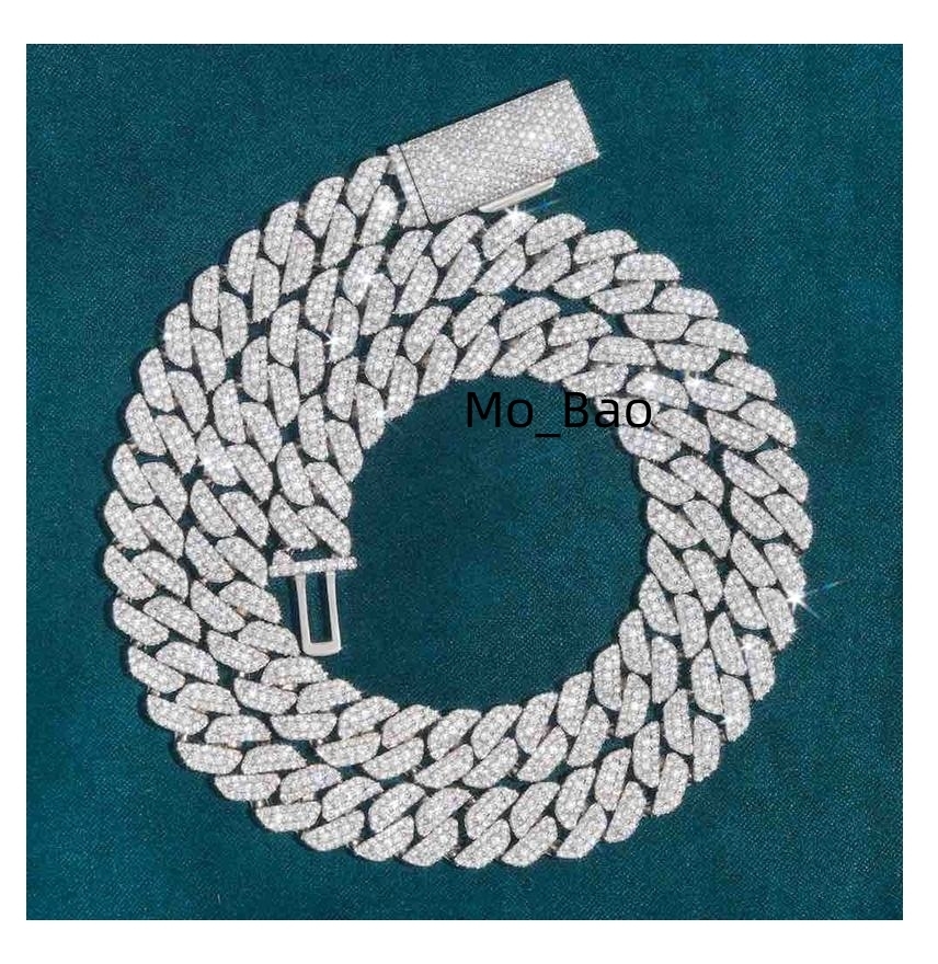 3 Rows 12mm-20mm VVS Moissanite Miami Iced Cuban Link Chain Passes Diamond Tester GRA Hip Hop 925 Silver Necklace