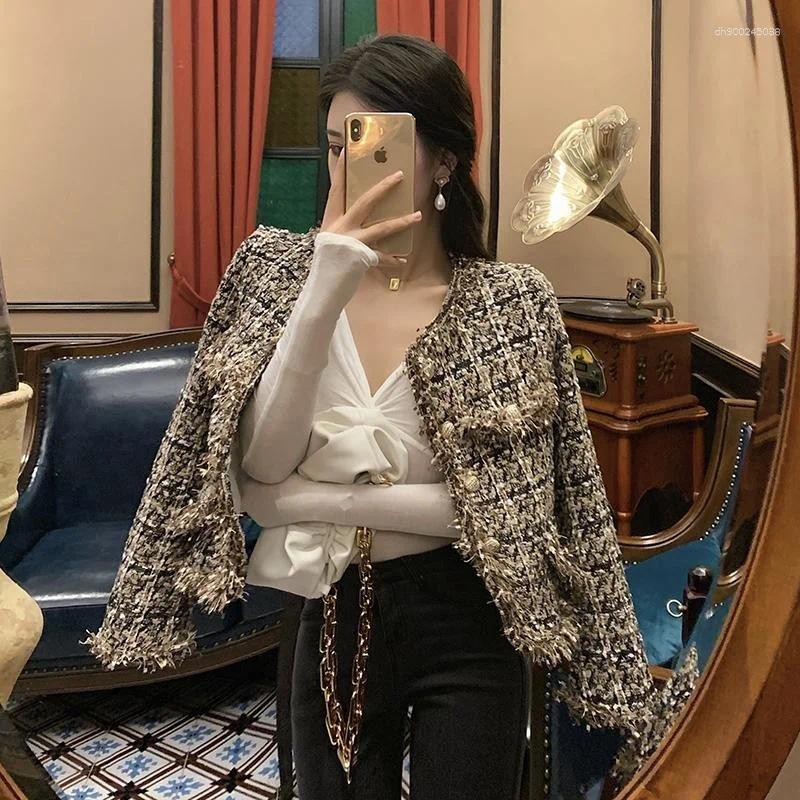 Women's Jackets Autumn Winter Fashion Korean Chic Vintage Tweed Woolen Jacket Coat Plaid Tassel Outerwear Elegant Slim Streetwear Coats