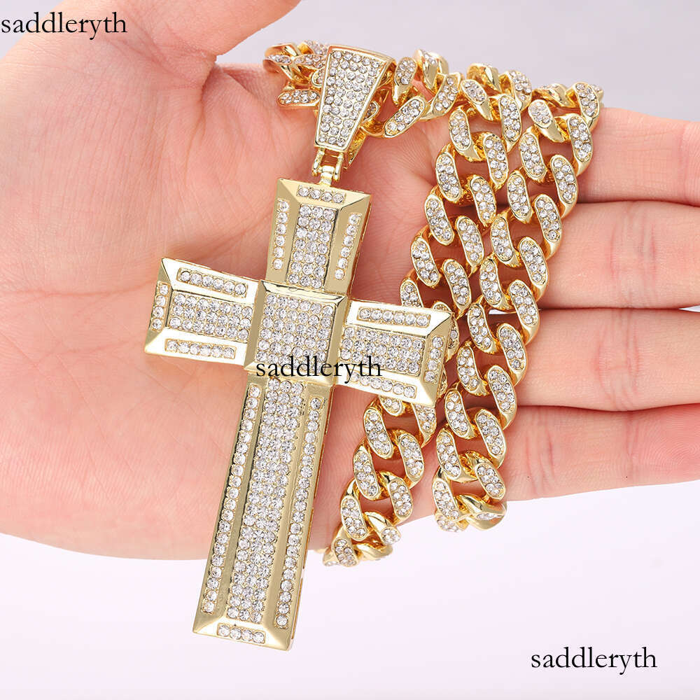 Gold Color Men 13mm Cuban Chain Necklace Iced Out Bling Cross Pendant Hip Hop Jewelry Gift Women