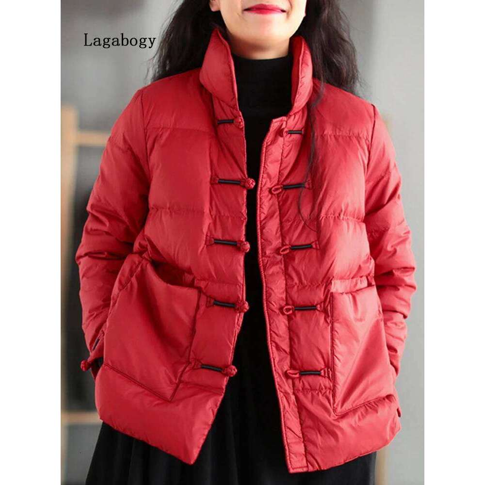 Lagabogy New Winter Warm White Duck Down Coat Women Vintage Slim Short Jacket Autumn Female Embroidery Casual Basic Parkas