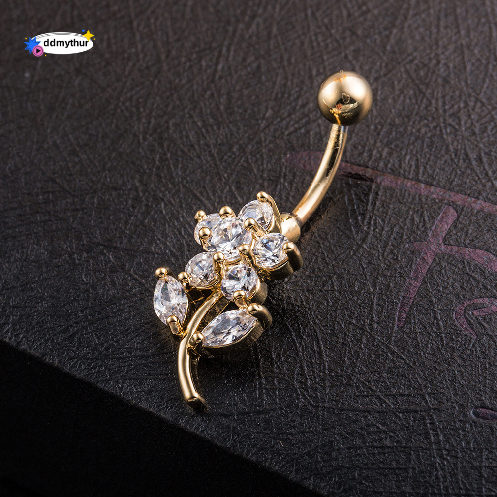 Ins Style Female Copper Material Cute Flower Shape Micro Inlaid Zircon Belly Button Ring Body Piercing Jewelry ddmythur