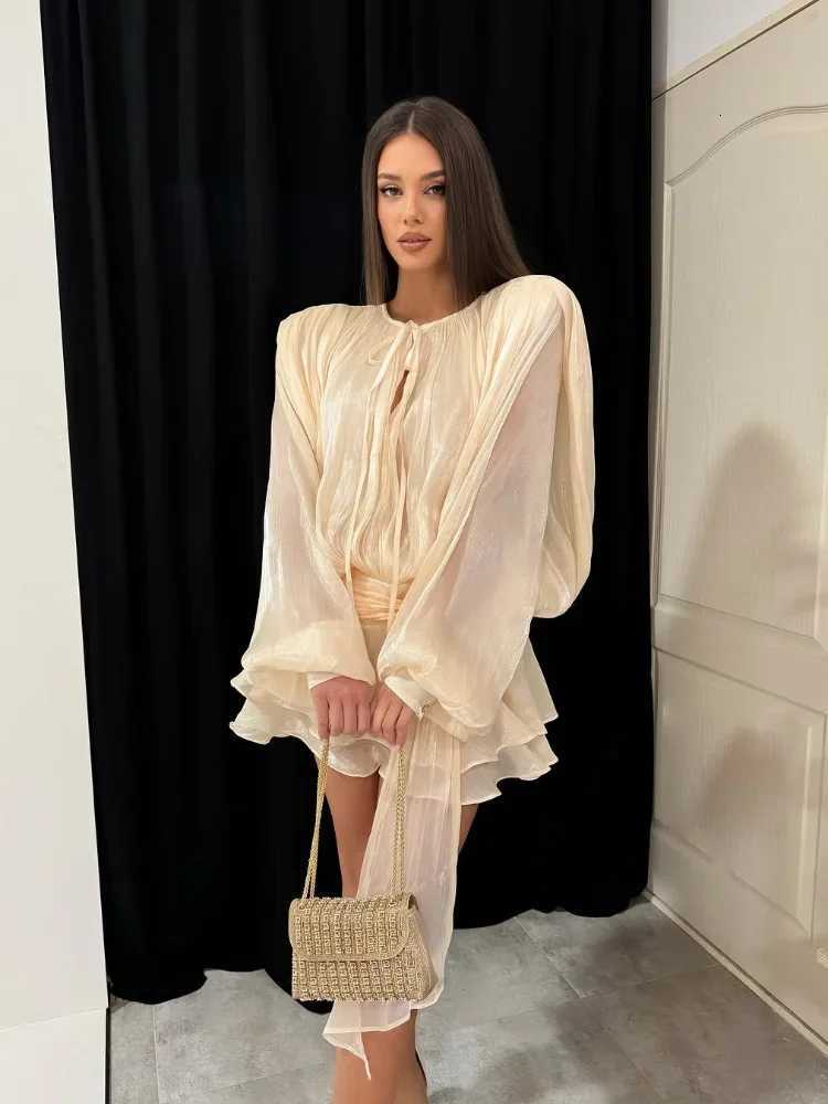 100% Cotton Women Pleated Short Dress Fashion Full Sleeve Round Neck Lace Up Layered Ruffles Gown Lady Ele New Dresses XJ250722
