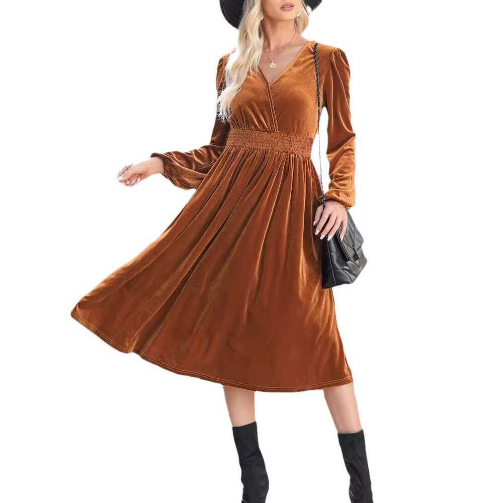 Autumn Winter New Solid Color Sleeve Elegant Commuting V-Neck Pleated High Waist Long Dress For Women B5