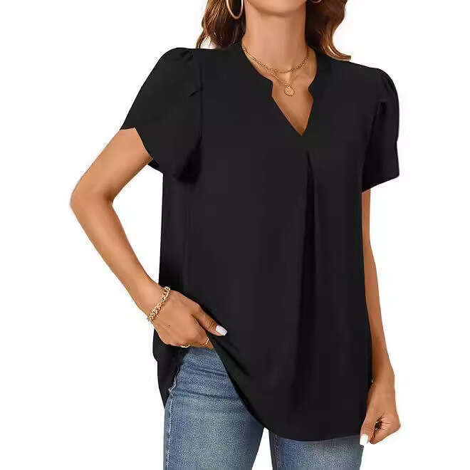 Summer Simple Fashion Casual Style Women's Shirt Solid Color Ruffle Sleeves B5