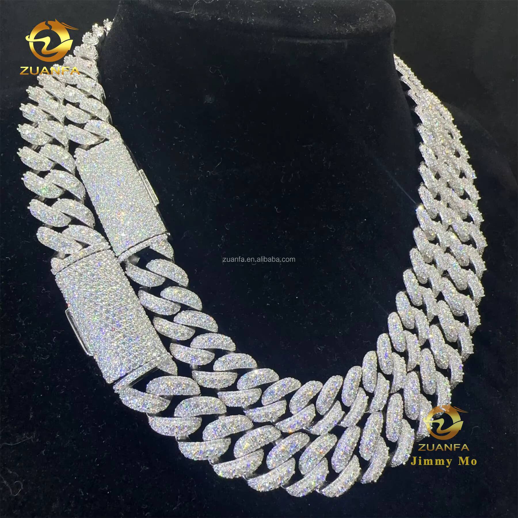 13mm 15mm Two Rows Moon Shape Big Guy Heavy Iced Out Hip Hop Flawless S925 Sterling Silver Moissanite Diamond Cuban Link Chain