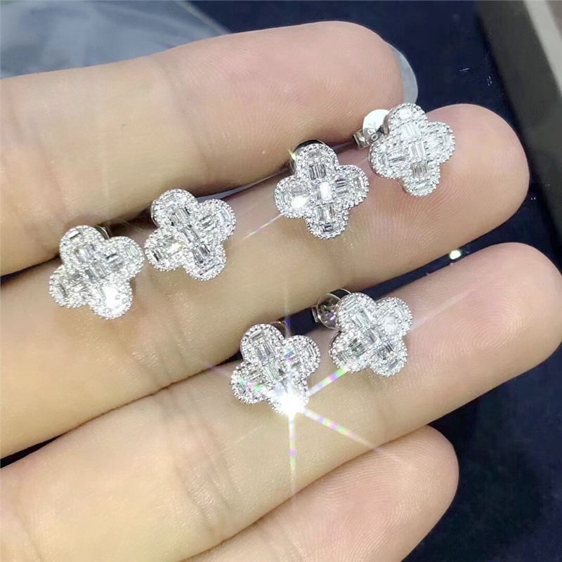 Silver - Tone Clover - Shaped Stud Earrings With Baguette Rhinestone Accents Elegant Party Jewelry And Gift For Her High Quality And Sparkling Jewelry