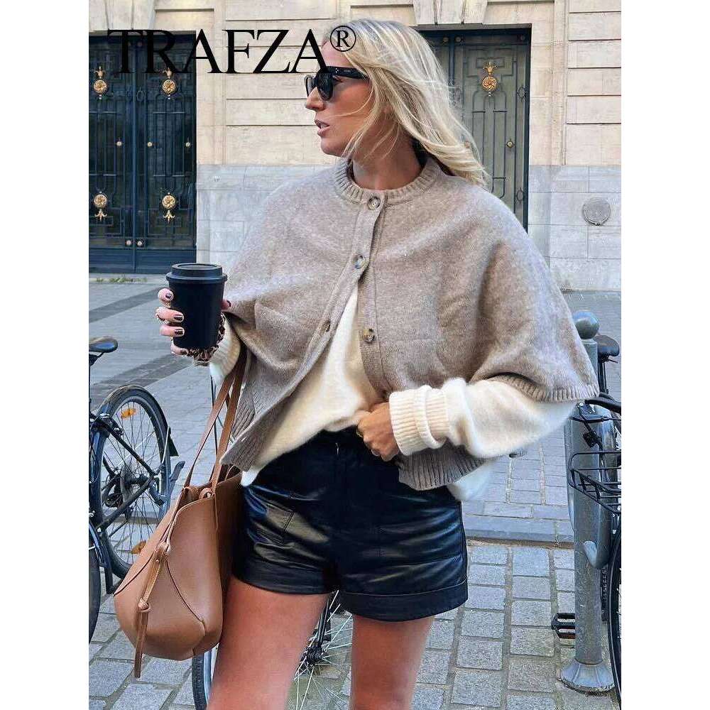 Vintage Women Knit Cape Cropped Cardigan Female Short Solid Soft Loose Shawl Sweater Elegant Button Jacket Knitwear