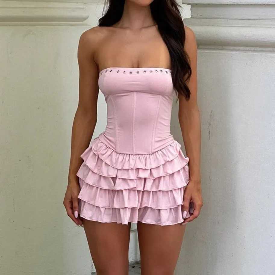 Imcute Women Y2k Strapless Tube Dress Cute Sleeveless Backless Layered Mini Dress Sexy Low Cut Bodycon Party Dress Clubwear XJ250722