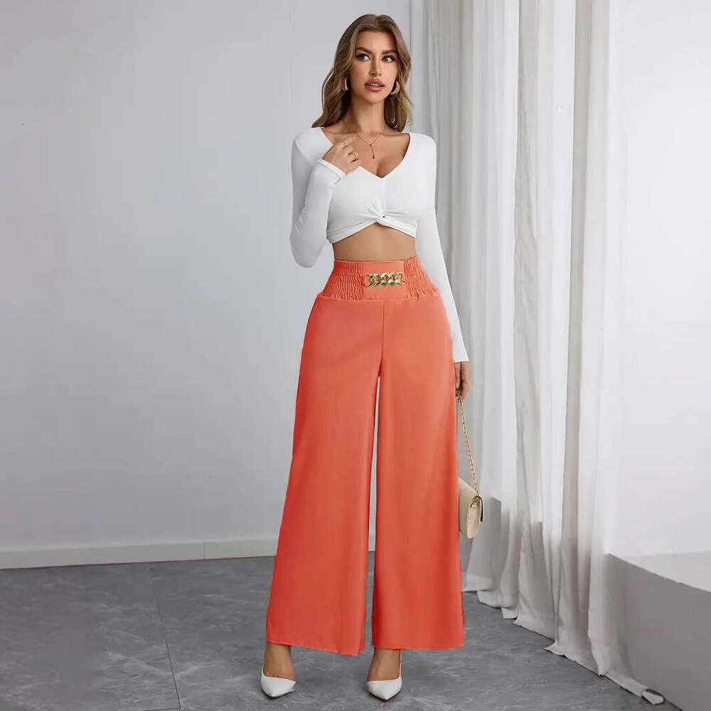 New High-Waisted Slimming Elegant Commuter Solid Color Chain Gathered Spring And Autumn Wide-Leg Pants B5