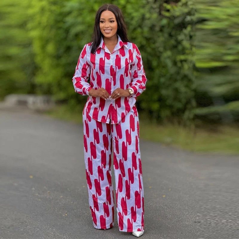 African Fashion Women Two Piece Set Stripe Printed Autumn Casual Button Long Sleeved Shirt Wide Leg Pants Two Piece Set Women 250714