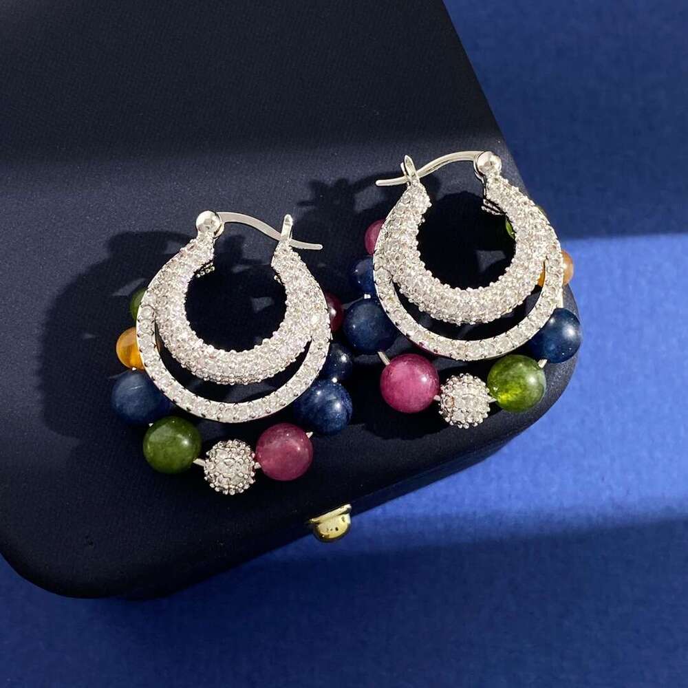 New Chinese Luxurious Crystal Ethnic Style Natural Colorful Tourmaline Emerald Chalcedony Inlaid Dia Earrings Set