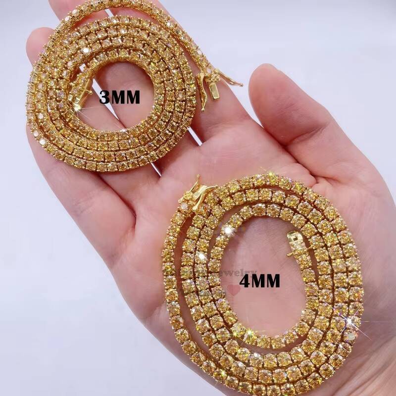 GRA Certificated 3mm 4mm Sterling Silver Gold Plated champagne Tennis Moissanite Chain