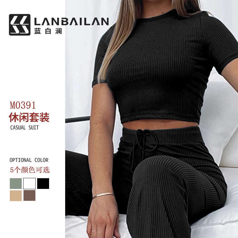 Summer Women's Ribbed Short Sleeve Crop Top And Long Pants Knitted Casual Set B5