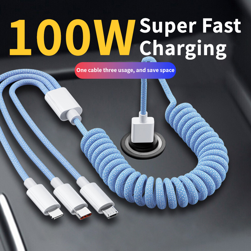 Nylon Braided Type C Spring Data Cable 3 in 1 USB Charging Cable