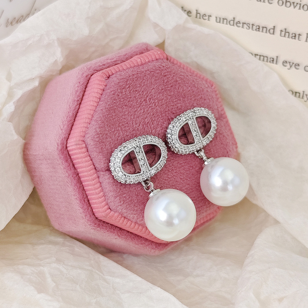 Silver - Tone Pearl - Drop Earrings With Rhinestone - Encrusted Logo Chic Party Jewelry And Gift For Her High Quality And Elegant Jewelry
