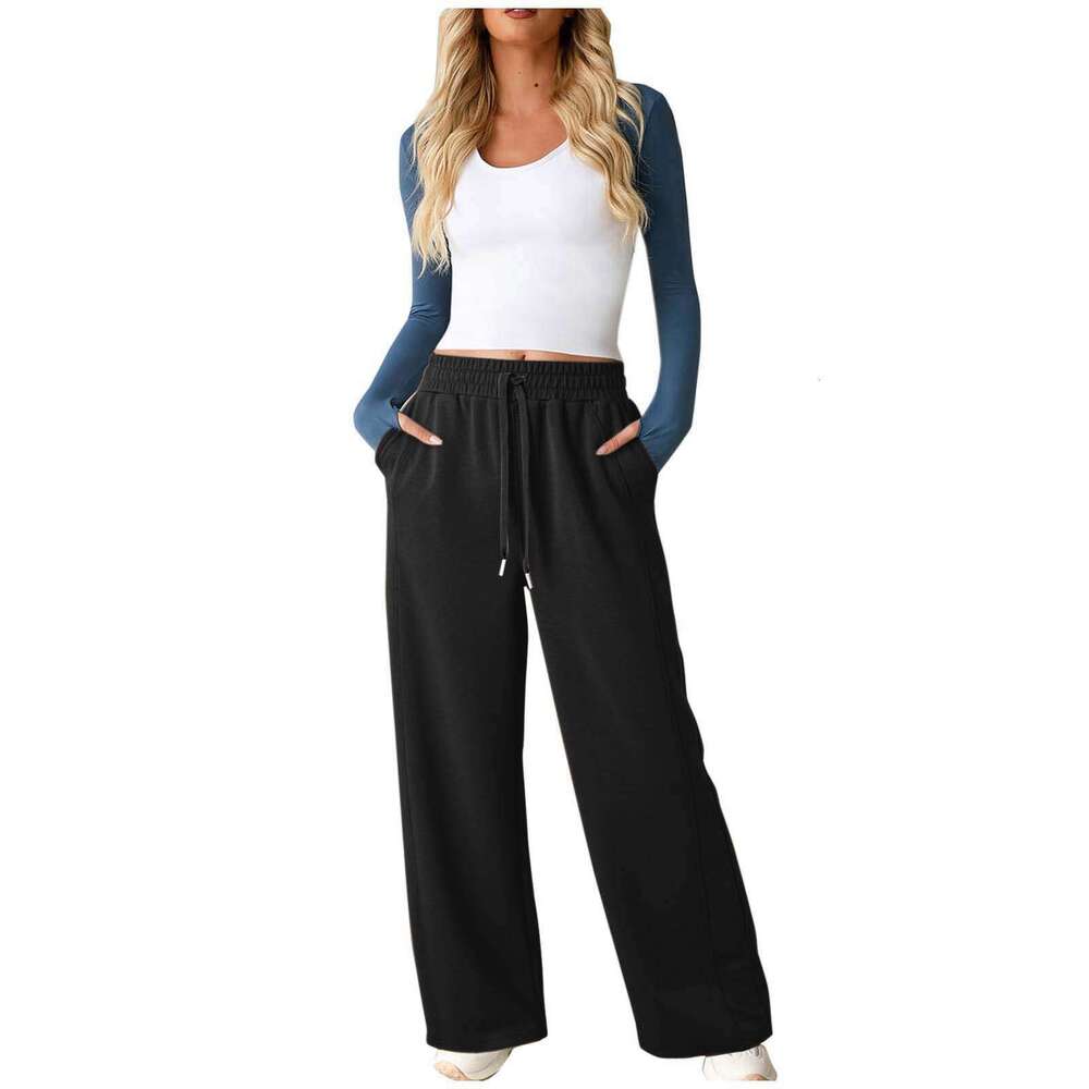 Women's Flowy Casual Straight Elastic Waist Drawstring Wide-Leg Pants B5