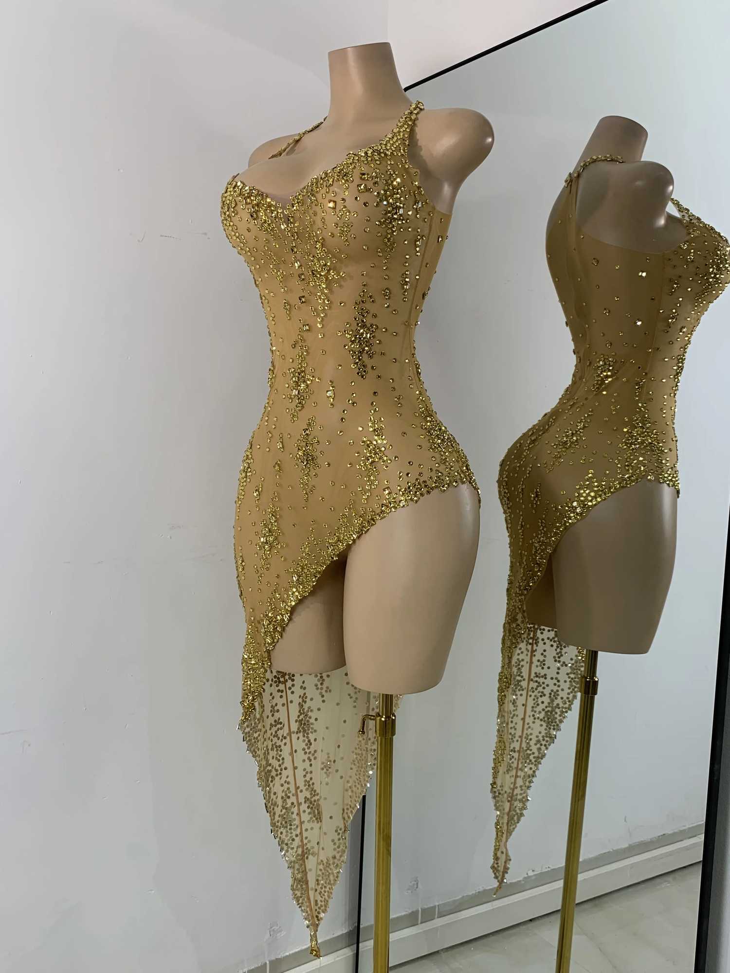 Sparkly Gold Design Evening Party Dress Luxury Rhines See Through Sexy Womens Clothing Mesh Stretch Birthday Dresses XJ250722