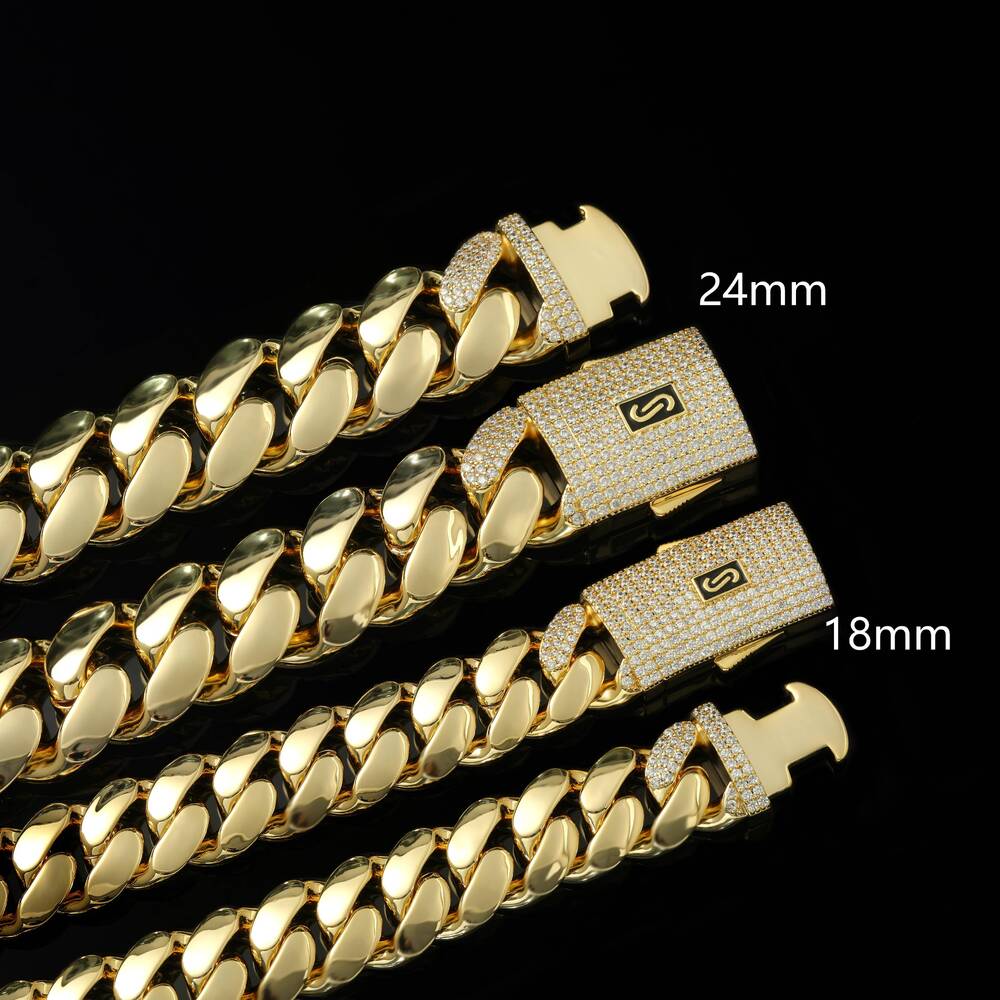 Hiphop Jewelry Iced Out Diamond Clasp Flat Monaco Chain 14K Gold Plated Cuban Link Chain Choker Necklace for Women Custom