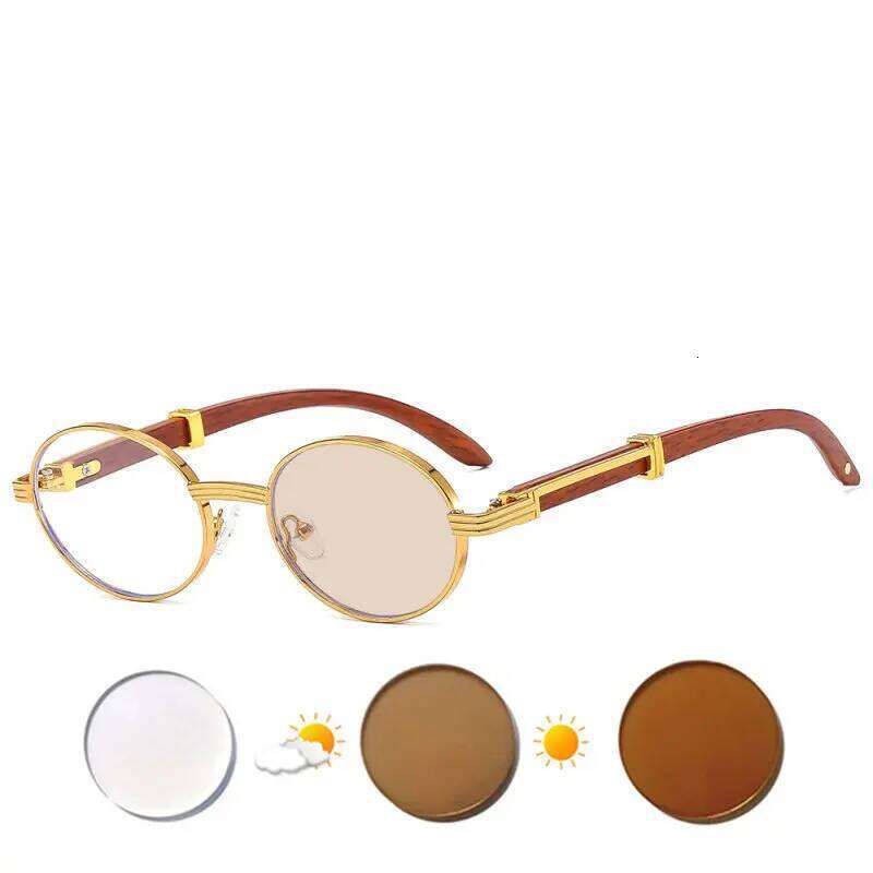 Prescription Glasses Custom For Myopia And Astigmatism Women Men Upscale Round Alloy Frame Wood Grain Pattern Temple Arms F569
