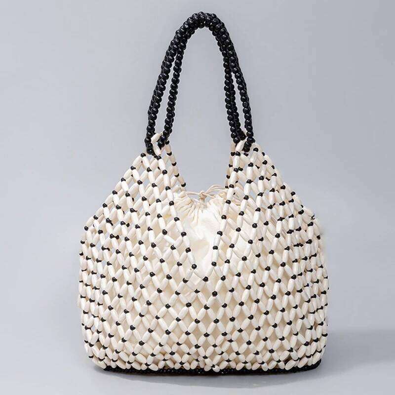 Simple Casual Handwoven Wooden Bead Handbag New Retro Versatile Summer Vacation Handheld Women's Shoulder Bags Water Bucket Bag