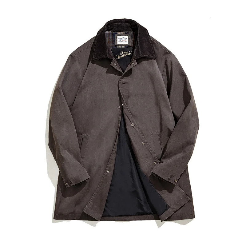 Maden Mens Vintage Waxed Windbreaker Corduroy Turn-down Collar Mid-length Overcoat Windproof and Waterproof Trench Loose Jacket 250714