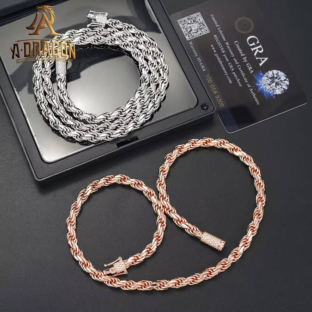Luxury Diamond Cut Rose Gold Plated 925 Silver Moissanite Diamond Rope Chain