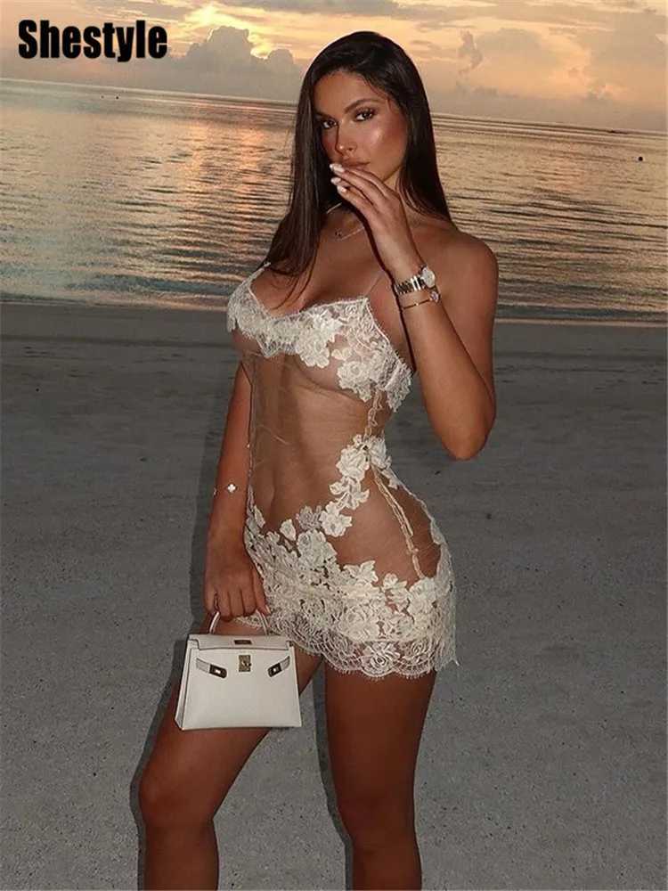 Shestyle Lace Transparent Mini Dress Sexy Women Wrapping Spaghetti Embroidery Flower Sheath Nightwear Club Mesh Wave Fantasy XJ250722