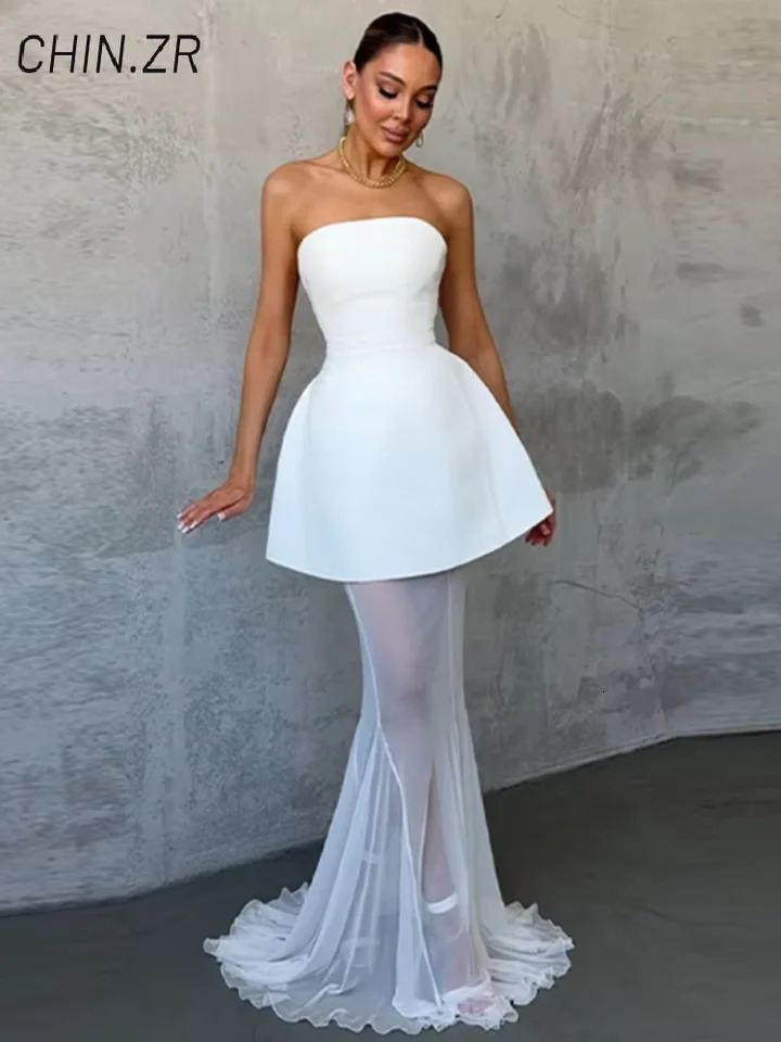 Elegant Strapless Top Fishtail Skirt Sets Women Bandage Sleeveless Backless Puffy Vests See Through Skirts Summer Lady Suit 250714