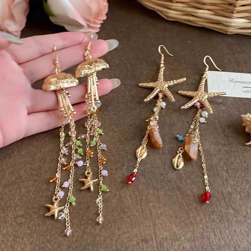 Boho Starfish Scalp Shell Long Tassel Earrings For Women Shiny Crystal Jellyfish Dangle Earring Beach Vacation Party Jewelry XJ250722