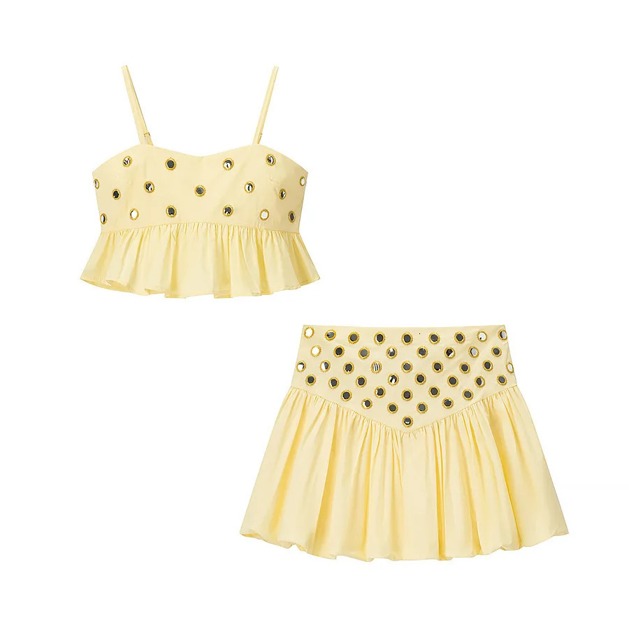 VEITCHE Women Metal Hollow Pleated Suspender Skirt Suit Sexy Sleeveless Vest High Waist Mini Skirt Lady Vacation Dress Set 250714