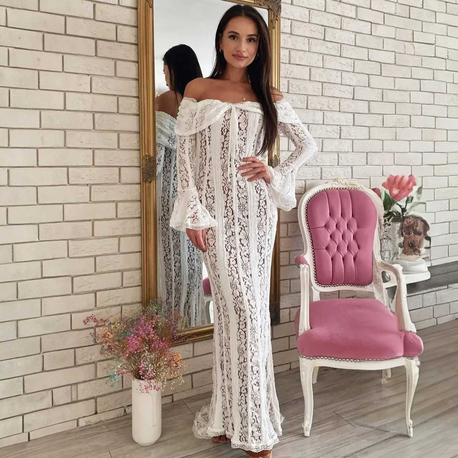 Ele Long Lace Dress with Shoulder Bows Flared Sleeve Bodycon Silhouette Empire Waist Draping Skirt for Women XJ250722