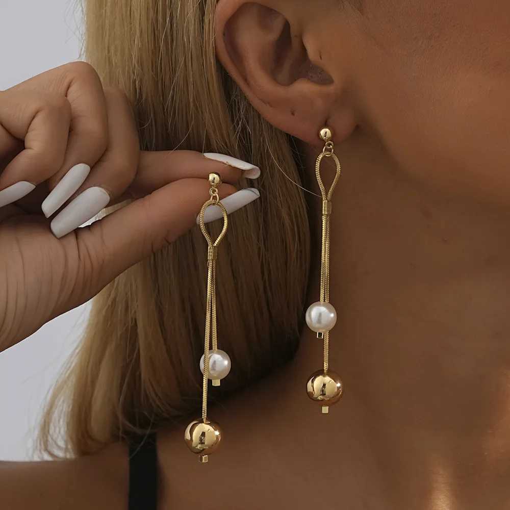 Original Design Imitation Pearl Long Tassel Drop Dangle Earrings for Women Luxury Gold Color Stainless Steel Ball Stud Jewelry XJ250722