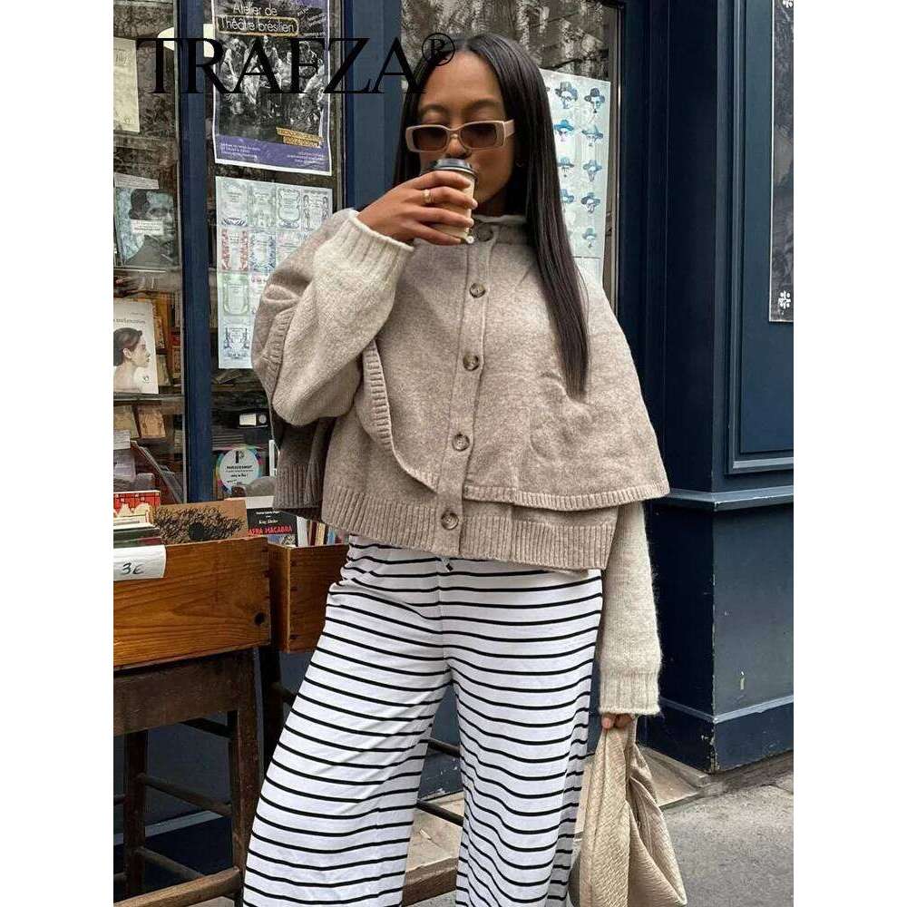 Vintage Women Knit Cape Cropped Cardigan Female Short Solid Soft Loose Shawl Sweater Elegant Button Jacket Knitwear