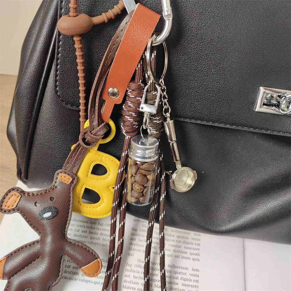 Cute Teddy Bear Leather Keychain with Coffee Bean Glass Bottle Handle Miu Style Unisex Bag Charm Accessory ddmymarket