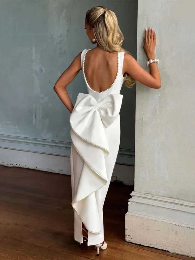 2025 Spring Summer Womens Sexy Party Dress with Pearl Bow Backless Nightclub Maxi Long Slim Bodycon Dresses XJ250722