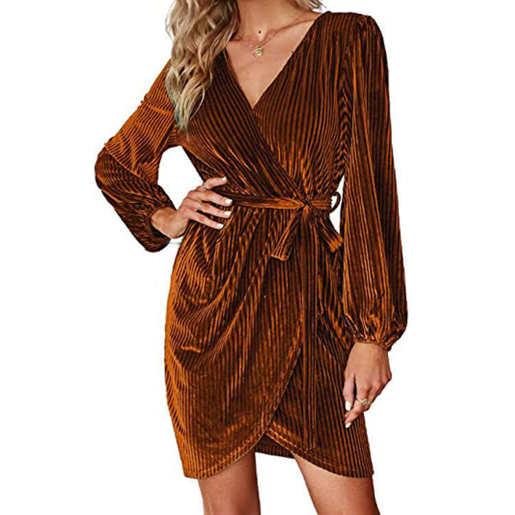 Autumn Winter New Women's Solid Color Tie Waist Ruched Striped Dress B5