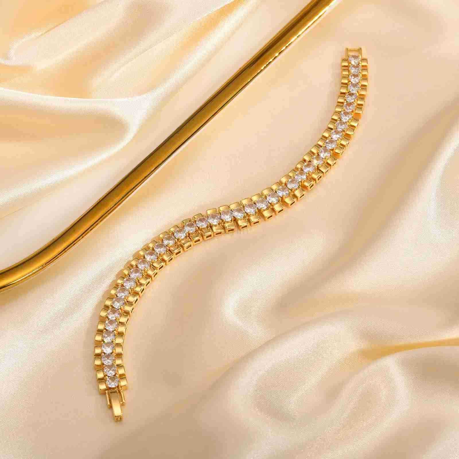 14K Gold Plated Paperclip Chain Bracelet Cubic Zirconia Watch Strap Chunky Link Adjustable Stackable Jewelry For Women Girl Gift M250722