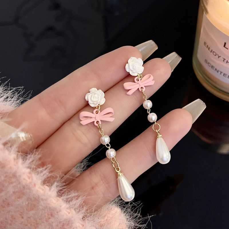 Delicate Sweet Flower Bow Pearl Drop Earrings for Women Elegant Bowknot Long Tassel Earrings Girls Party Wedding Jewelry Gift XJ250722
