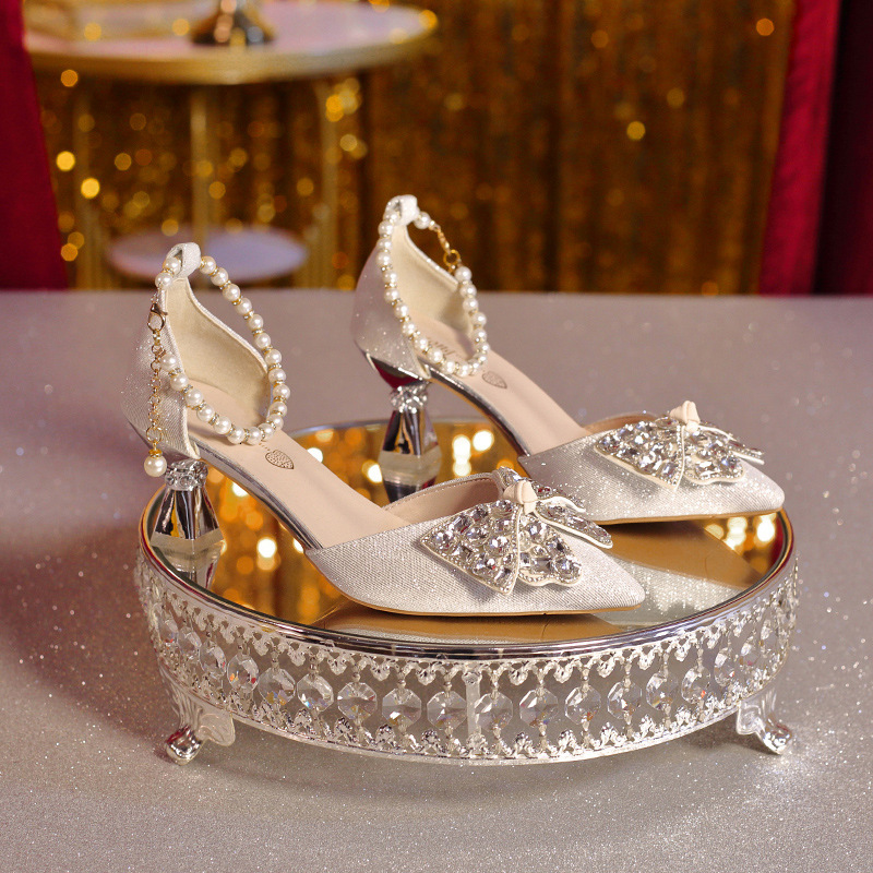 Luxury Brand Designer Shoes 2025 New Silver High Heels Fairy Style Coming-Of-Age Ceremony Crystal Shiny Single Shoes For Women Thin Heel Comfortable C