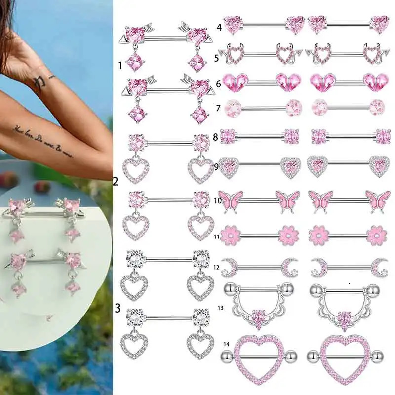 2pcs Stainless Steel Pink Nipple Piercing Jewelry Heart Wings Niplple Barbell Moon Devil Nipple Rings Stud Body Pezon Mujer 250722