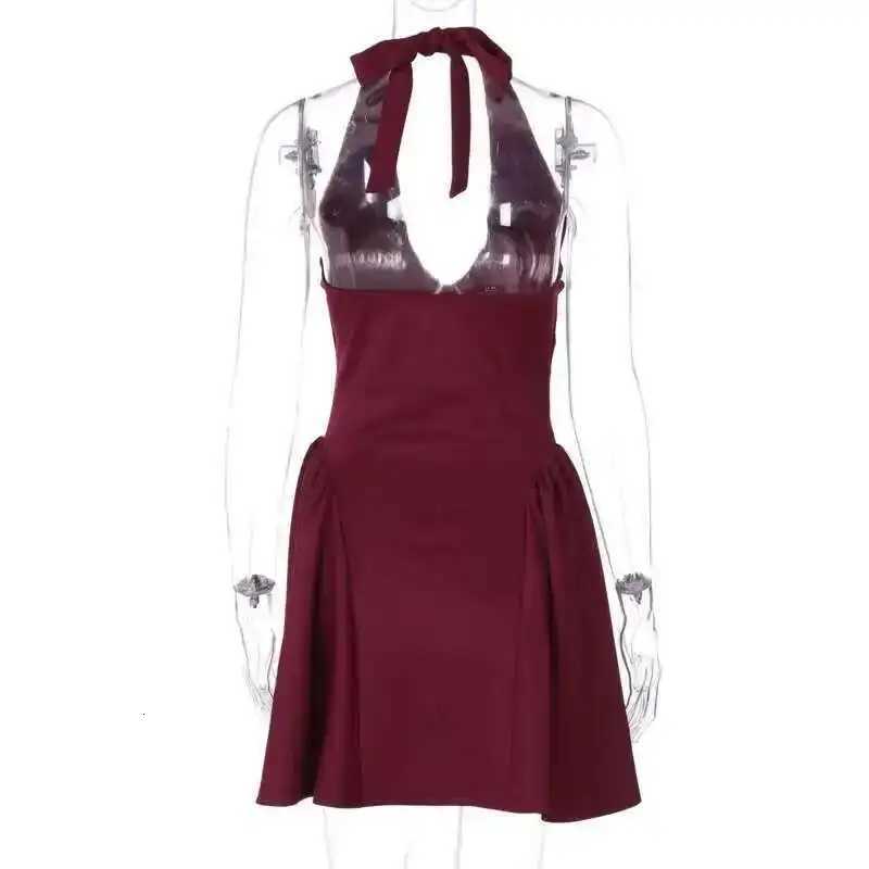 2024 Summer Womens A-line Pleated Waist Wrap Dress Halter Mini V Neck Backless Nightclub Sexy Party Dresses XJ250722