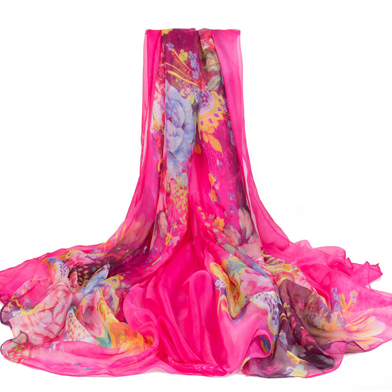 K1431 2024 Spring and Autumn Fashion Oversized Chiffon Beach Towel Women's Sunscreen Shawl Flowery Long Gauze Scarf Wholesale